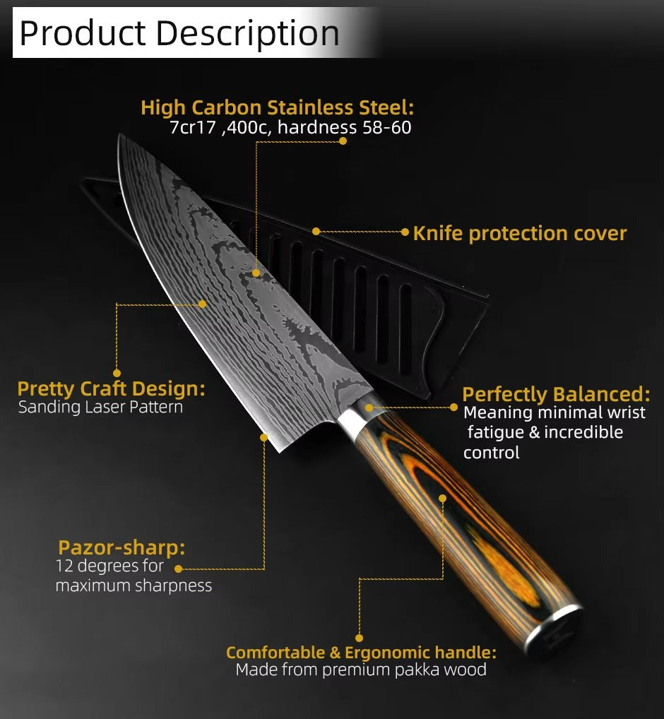Stainless Steel Complete Laser Damascus Pattern Cutlery Chef and Paring Tools Utensils Modern Wholesale Kitchen Knife
