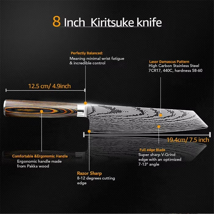 Stainless Steel Complete Laser Damascus Pattern Cutlery Chef and Paring Tools Utensils Modern Wholesale Kitchen Knife