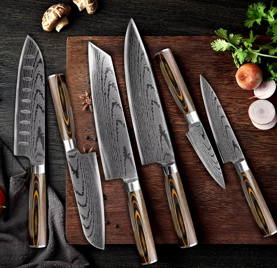 Stainless Steel Complete Laser Damascus Pattern Cutlery Chef and Paring Tools Utensils Modern Wholesale Kitchen Knife