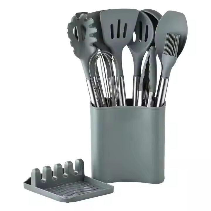 13-Piece Milky White Non-Stick Silicone Kitchen Cooking Utensils Set New Arrival Items with Storage Bucket PC Material