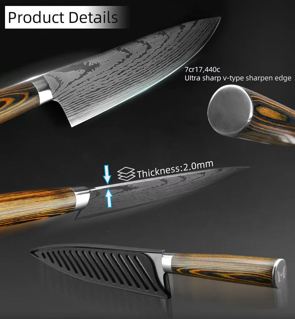 Stainless Steel Complete Laser Damascus Pattern Cutlery Chef and Paring Tools Utensils Modern Wholesale Kitchen Knife
