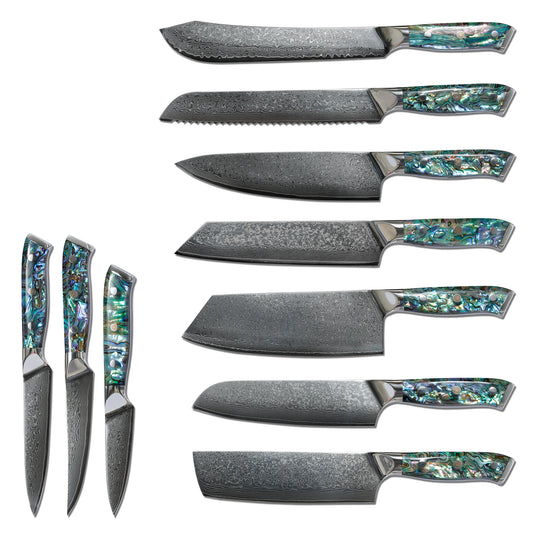 11pcs Luxury Professional Colorful Resin Handle Damascus 9cr18 Carbon Steel Cleaver Meat Cutting Modern Kitchen Knife Set