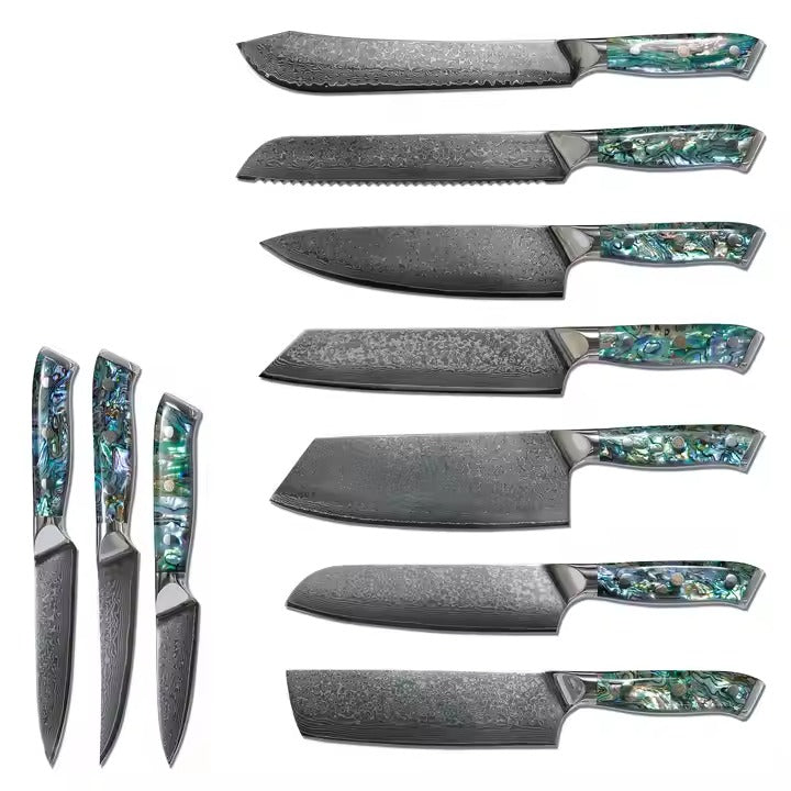 11pcs Luxury Professional Colorful Resin Handle Damascus 9cr18 Carbon Steel Cleaver Meat Cutting Modern Kitchen Knife Set