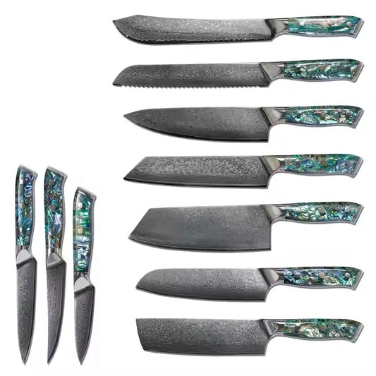 11pcs Luxury Professional Colorful Resin Handle Damascus 9cr18 Carbon Steel Cleaver Meat Cutting Modern Kitchen Knife Set