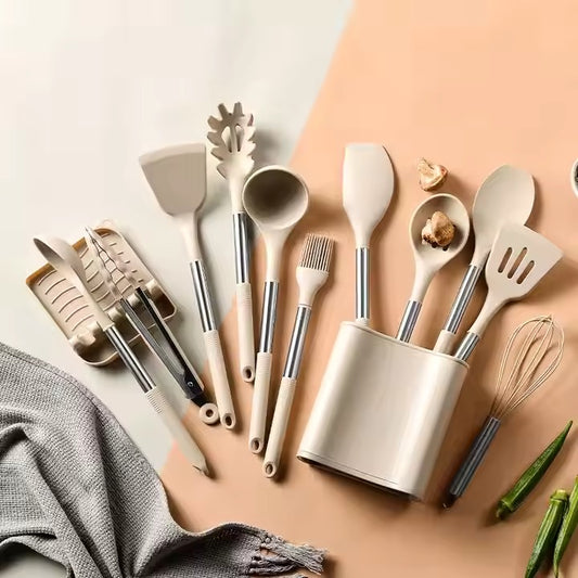 13-Piece Milky White Non-Stick Silicone Kitchen Cooking Utensils Set New Arrival Items with Storage Bucket PC Material
