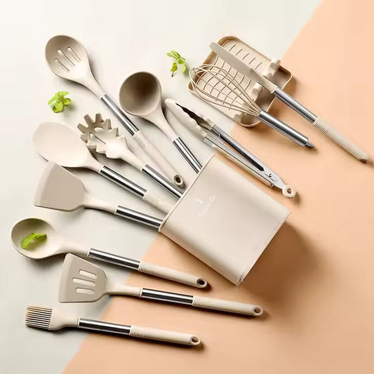 13-Piece Milky White Non-Stick Silicone Kitchen Cooking Utensils Set New Arrival Items with Storage Bucket PC Material