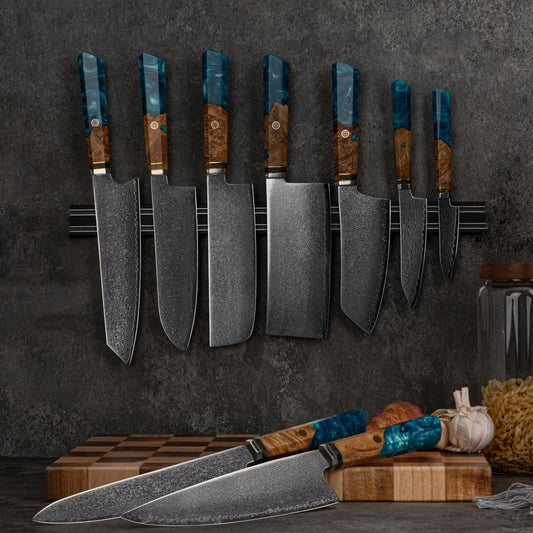 9PCS Professional Japanese Damascus Kitchen Chef Knife Set Handmade Tiny Wave Pattern Eco-Friendly Resin Paring Utility Knife