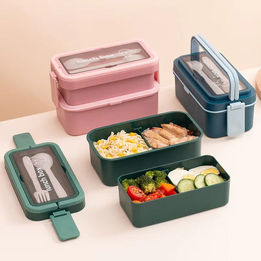 Custom Logo Reusable Food Bento Tiffin Box Bpa Free Plastic PP Adjustable Dividers Stackable Bento Box With Cutlery for Children