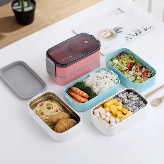 2 Compartment Food Storage Container Portable Bento Box Stainless Steel PP Kids Layered Insulated Thermal Leak-Proof Lunch Box