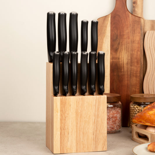 Stainless Steel Chef Knife Set with Plastic PP Handle Kitchen Knife Block with Wooden Block for Kitchen Including Steak Knife