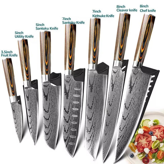Stainless Steel Complete Laser Damascus Pattern Cutlery Chef and Paring Tools Utensils Modern Wholesale Kitchen Knife