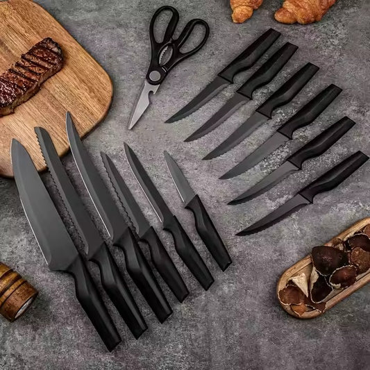 13-Piece Nonstick Coated Stainless Steel Kitchen Knife Set 3Cr13 Metal Blade PP Handle Custom Laser Logo for Household Cutting